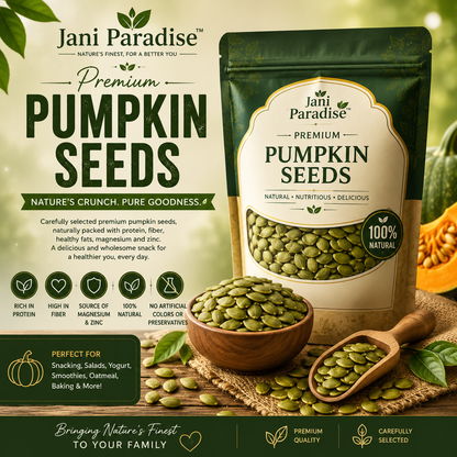 Jani Paradise™ Premium Pumpkin Seeds Nature's Crunch Pure Goodness.